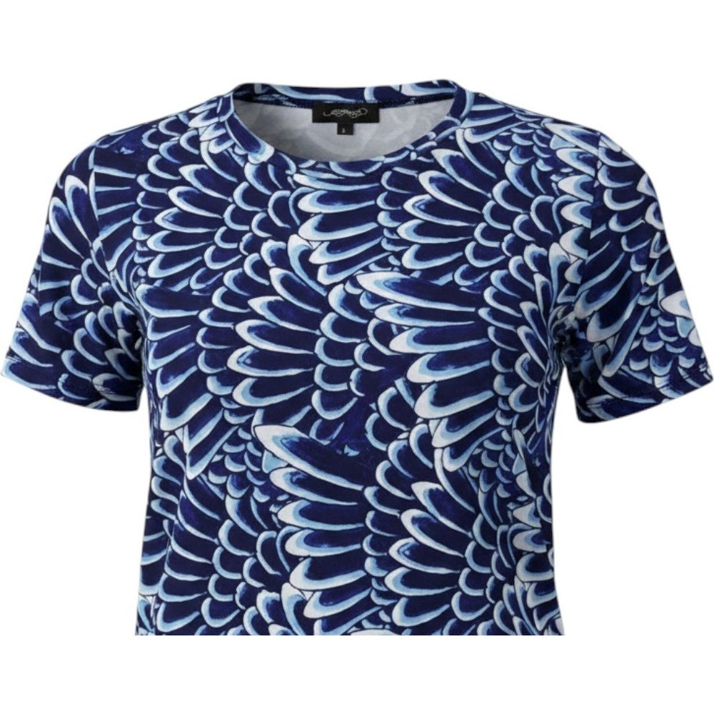 Ed Hardy Womens Blue Feather Print Crop Top Short Sleeve Size L
